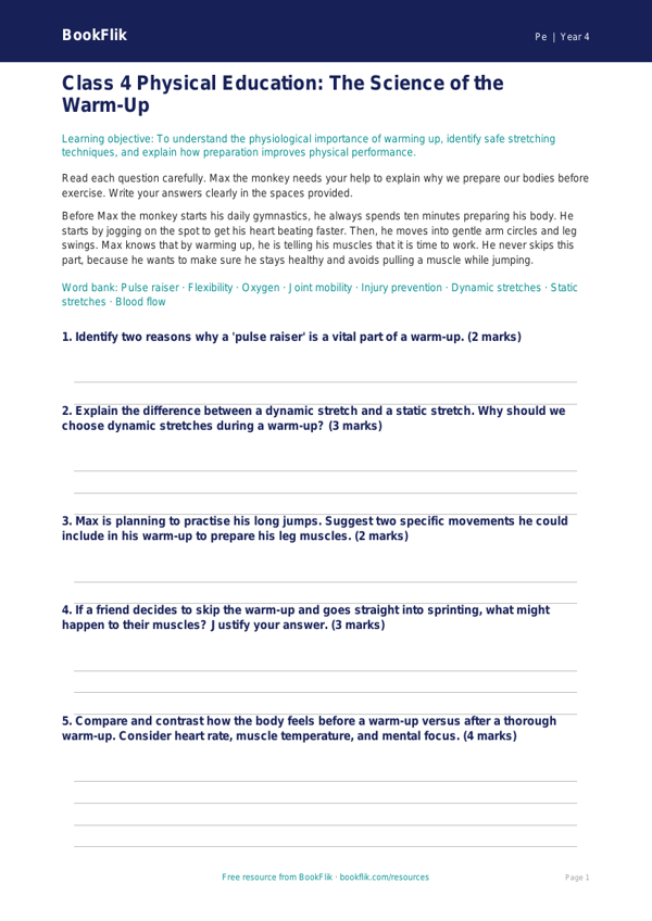 Class 4 Physical Education Warm Up Assessment | CBSE Curriculum worksheet preview — Pe Warm Up