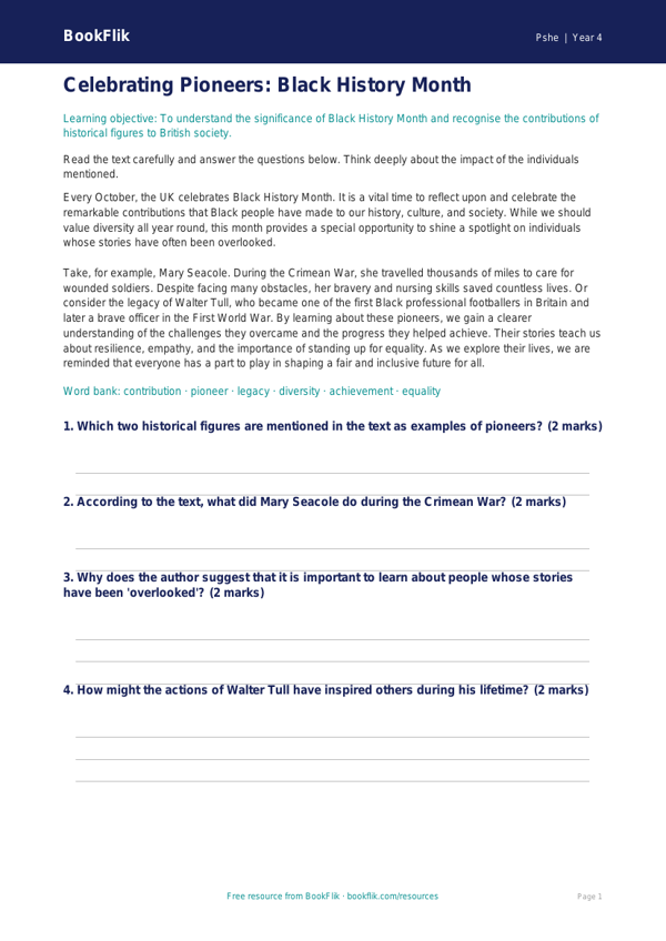 Black History Month Comprehension for Class 4 | CBSE Life Skills worksheet preview — Pshe Black History Month