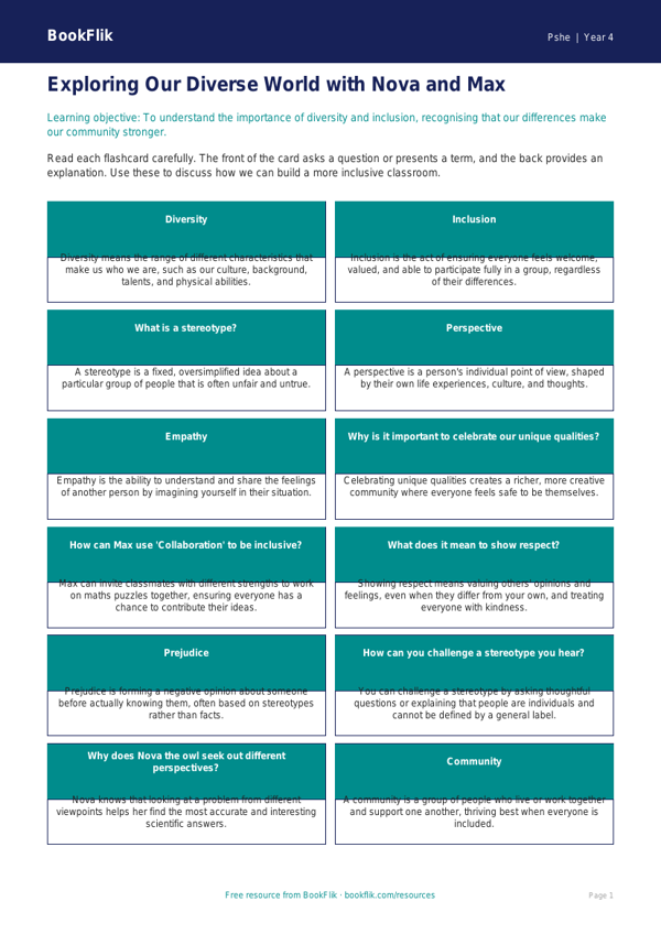 Free Diversity And Inclusion Flashcards | Class 4 | Life Skills | BookFlik worksheet preview — Pshe Diversity And Inclusion