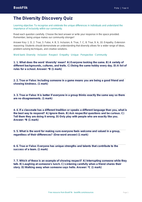 Diversity and Inclusion Quiz for Class 4 | CBSE Life Skills Worksheet worksheet preview — Pshe Diversity And Inclusion