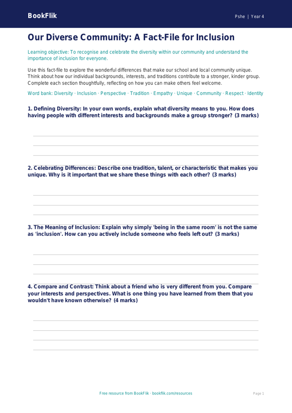 Free Diversity And Inclusion Template | Class 4 | Life Skills | BookFlik worksheet preview — Pshe Diversity And Inclusion