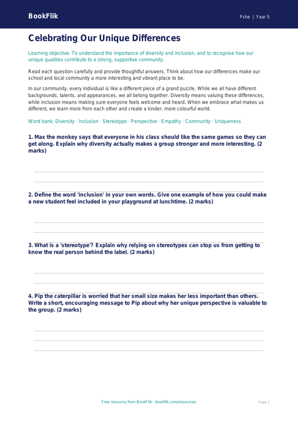 Free Diversity And Inclusion Worksheet | Class 5 | Life Skills | BookFlik worksheet preview — Pshe Diversity And Inclusion
