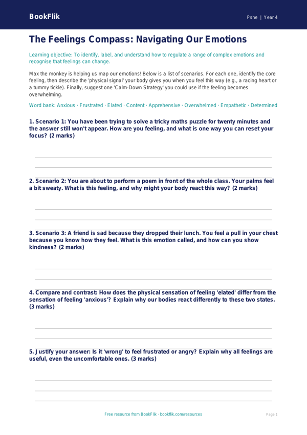 Free Feelings Activity Sheet | Class 4 | Life Skills | BookFlik worksheet preview — Pshe Feelings