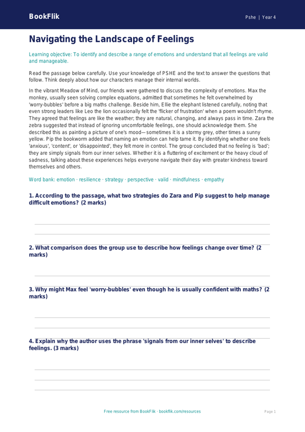 Free Feelings Comprehension | Class 4 | Life Skills | BookFlik worksheet preview — Pshe Feelings