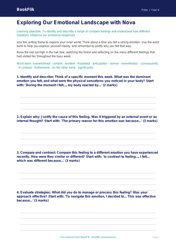 Free Feelings Writing Frame | Class 4 | Life Skills | BookFlik worksheet preview — Pshe Feelings