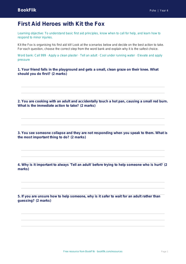 Free First Aid Activity Sheet | Class 4 | Life Skills | BookFlik worksheet preview — Pshe First Aid