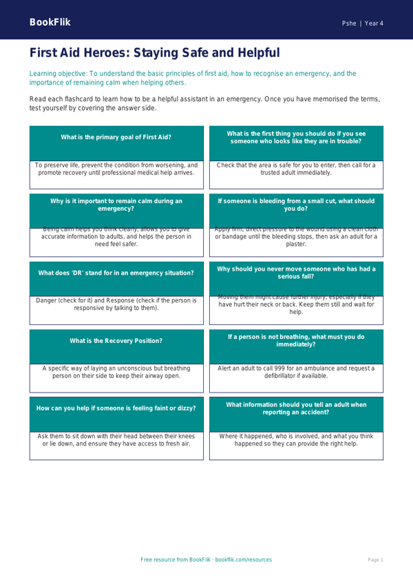 First Aid Flashcards for Class 4 | CBSE Life Skills Resources worksheet preview — Pshe First Aid