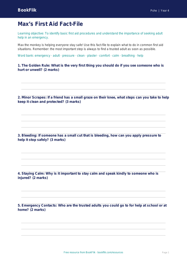Life Skills first aid template class 4 core worksheet preview — Pshe First Aid