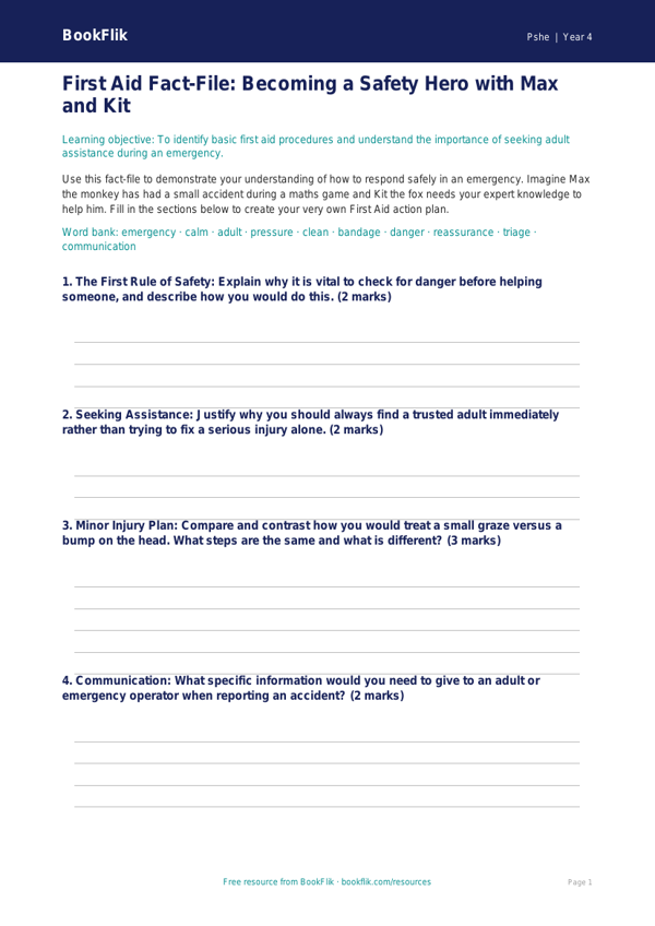 First Aid for Kids: Class 4 Life Skills Worksheet | BookFlik worksheet preview — Pshe First Aid