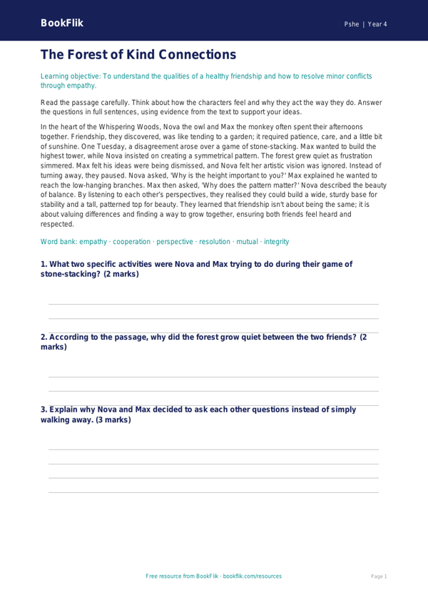 Free Friendship Comprehension | Class 4 | Life Skills | BookFlik worksheet preview — Pshe Friendship