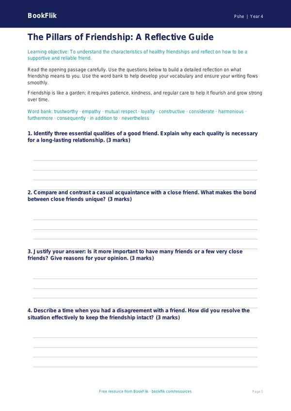 Friendship Writing Frame for Class 4 | Life Skills CBSE | BookFlik worksheet preview — Pshe Friendship