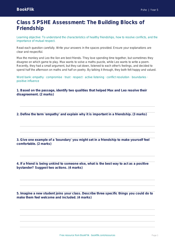Friendship Assessment for Class 5 | CBSE Life Skills Worksheet worksheet preview — Pshe Friendship