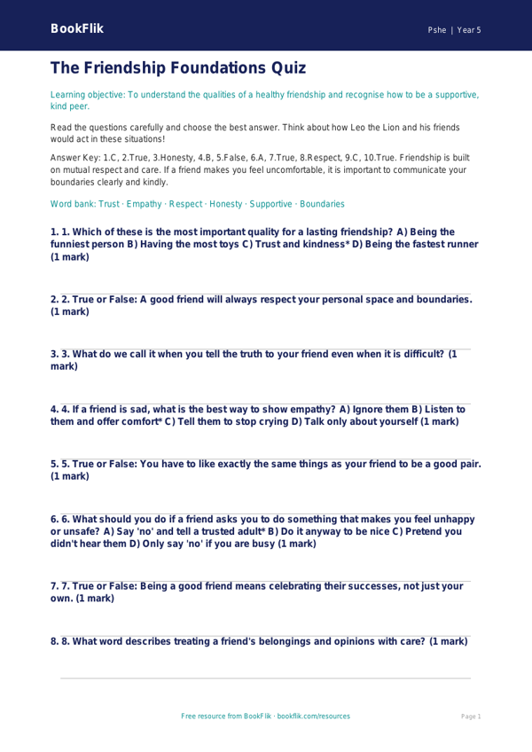Friendship Quiz for Class 5 Students | Life Skills Worksheet worksheet preview — Pshe Friendship