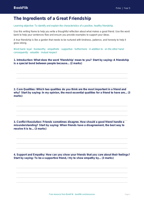 Friendship Writing Frame for Class 5 | CBSE Life Skills Worksheet worksheet preview — Pshe Friendship