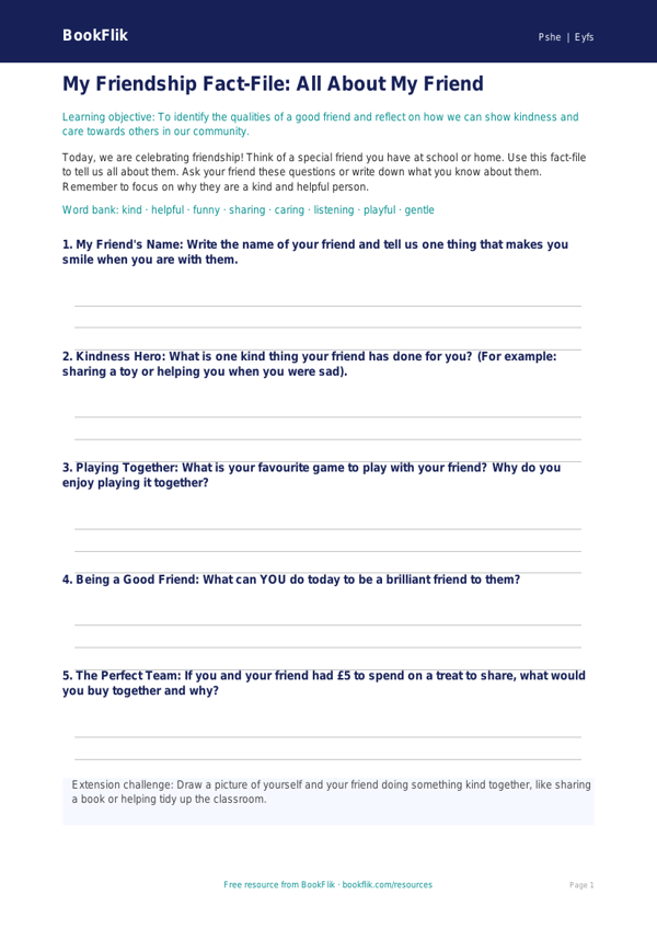 Free Friendship Template | Nursery / LKG | Life Skills | BookFlik worksheet preview — Pshe Friendship