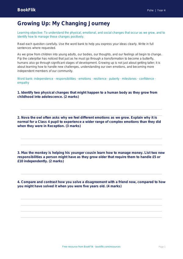 Free Growing Up Assessment | Class 4 | Life Skills | BookFlik worksheet preview — Pshe Growing Up
