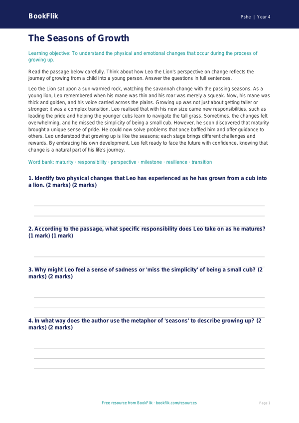 Free Growing Up Comprehension | Class 4 | Life Skills | BookFlik worksheet preview — Pshe Growing Up