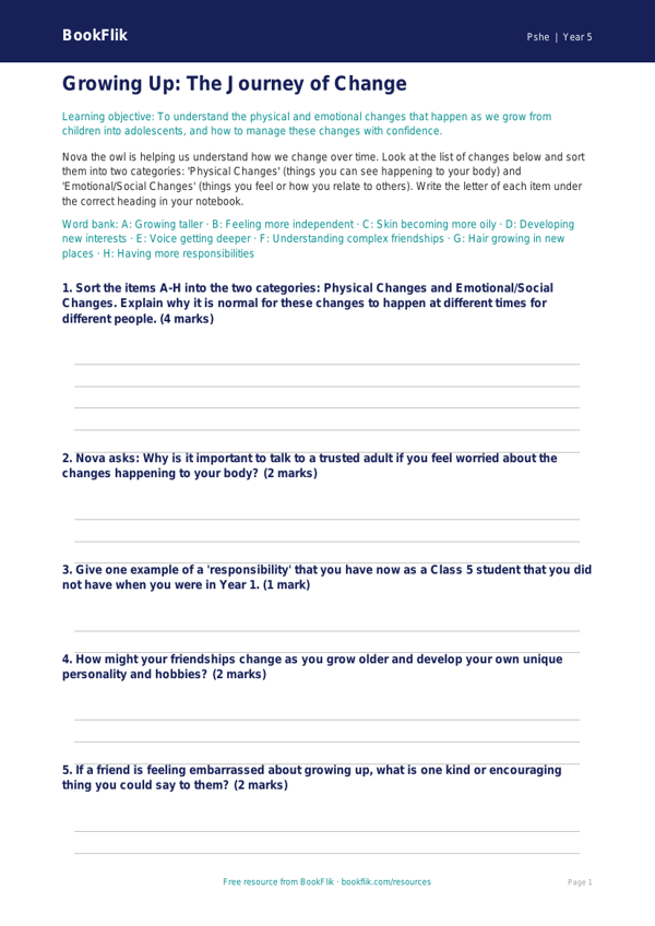 Free Growing Up Activity Sheet | Class 5 | Life Skills | BookFlik worksheet preview — Pshe Growing Up