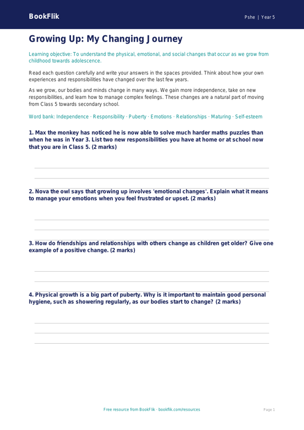 Free Growing Up Worksheet | Class 5 | Life Skills | BookFlik worksheet preview — Pshe Growing Up