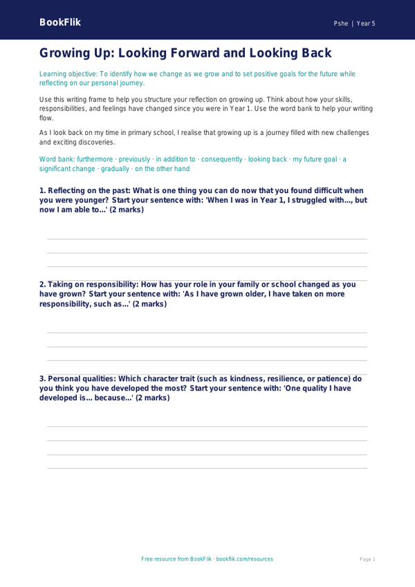 Free Growing Up Writing Frame | Class 5 | Life Skills | BookFlik worksheet preview — Pshe Growing Up