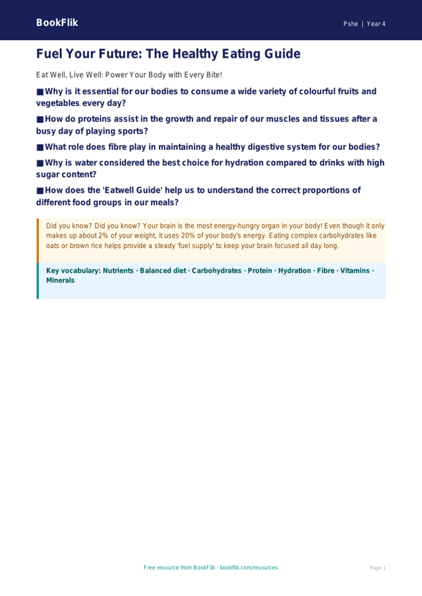 Free Healthy Eating Poster | Class 4 | Life Skills | BookFlik worksheet preview — Pshe Healthy Eating