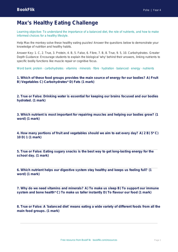 Healthy Eating Quiz for Class 4 | CBSE Life Skills | BookFlik worksheet preview — Pshe Healthy Eating