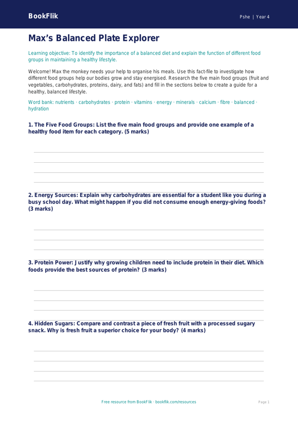 Free Healthy Eating Template | Class 4 | Life Skills | BookFlik worksheet preview — Pshe Healthy Eating