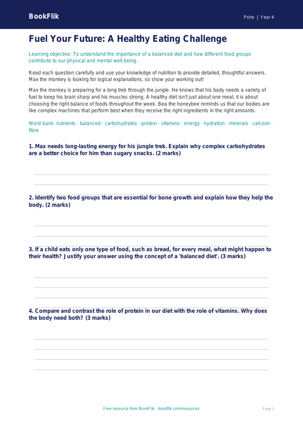 Free Healthy Eating Worksheet | Class 4 | Life Skills | BookFlik worksheet preview — Pshe Healthy Eating