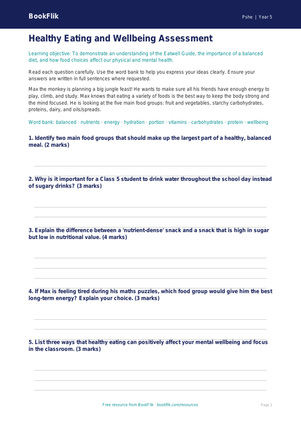 Free Healthy Eating Assessment | Class 5 | Life Skills | BookFlik worksheet preview — Pshe Healthy Eating