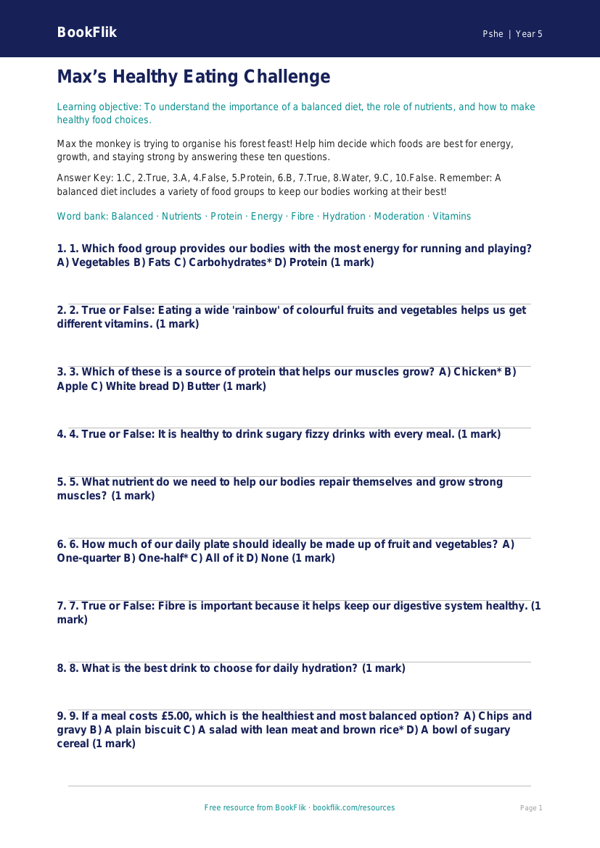 Healthy Eating Quiz for Class 5 | CBSE Life Skills Worksheet worksheet preview — Pshe Healthy Eating