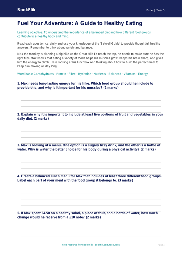 Free Healthy Eating Worksheet | Class 5 | Life Skills | BookFlik worksheet preview — Pshe Healthy Eating