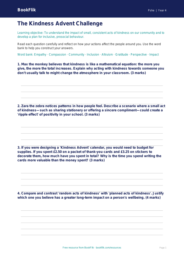 Free Kindness Advent Worksheet | Class 4 | Life Skills | BookFlik worksheet preview — Pshe Kindness Advent
