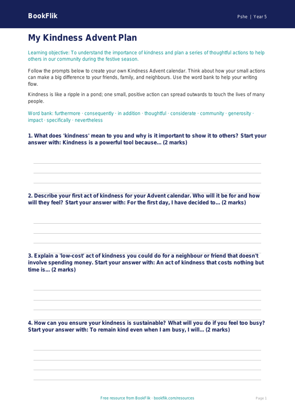 Free Kindness Advent Writing Frame | Class 5 | Life Skills | BookFlik worksheet preview — Pshe Kindness Advent