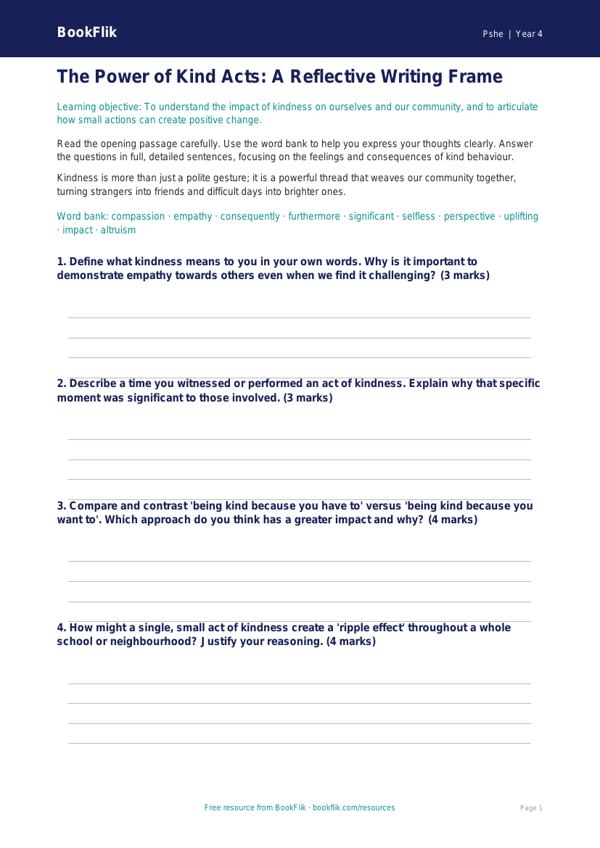 Free Kindness Writing Frame | Class 4 | Life Skills | BookFlik worksheet preview — Pshe Kindness