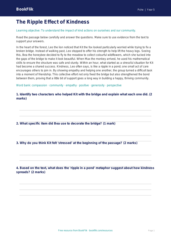 Free Kindness Comprehension | Class 5 | Life Skills | BookFlik worksheet preview — Pshe Kindness