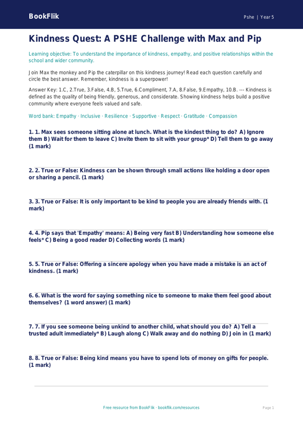 Free Kindness Quiz | Class 5 | Life Skills | BookFlik worksheet preview — Pshe Kindness