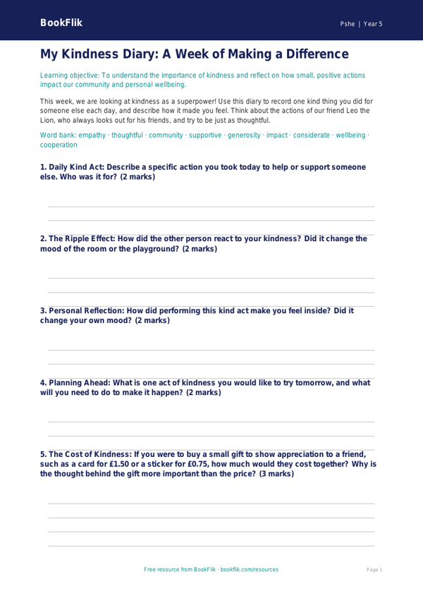 Free Kindness Template | Class 5 | Life Skills | BookFlik worksheet preview — Pshe Kindness