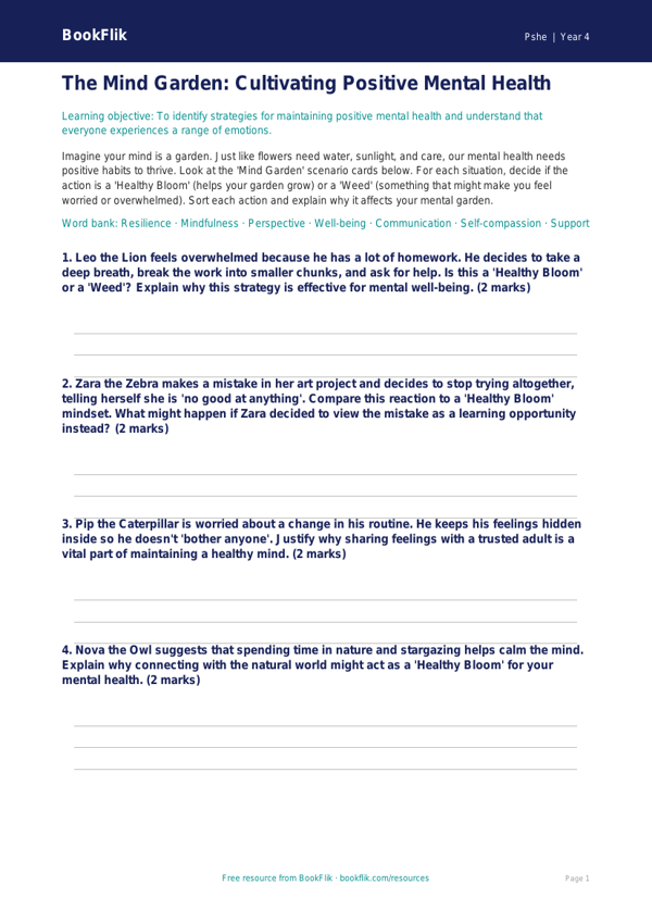 Free Mental Health Activity Sheet | Class 4 | Life Skills | BookFlik worksheet preview — Pshe Mental Health