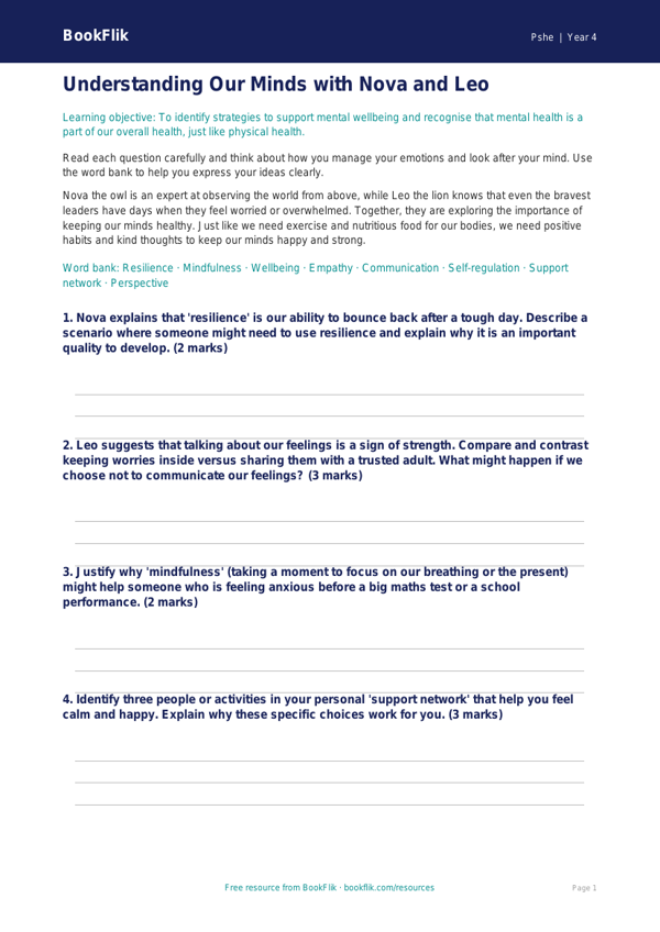Mental Health Worksheet for Class 4 | Life Skills CBSE | BookFlik worksheet preview — Pshe Mental Health