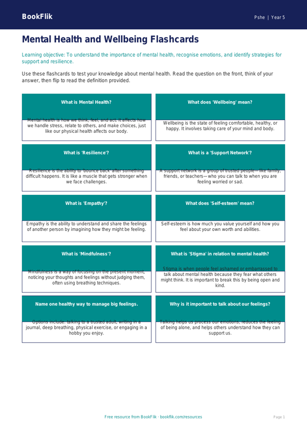 Mental Health Flashcards for Class 5 | CBSE Life Skills | BookFlik worksheet preview — Pshe Mental Health