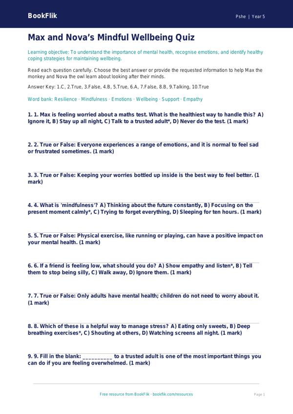 Mental Health Quiz for Class 5 Students | Life Skills CBSE worksheet preview — Pshe Mental Health