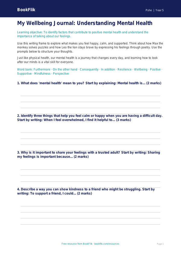 Mental Health Writing Frame for Class 5 | CBSE Life Skills Worksheet worksheet preview — Pshe Mental Health