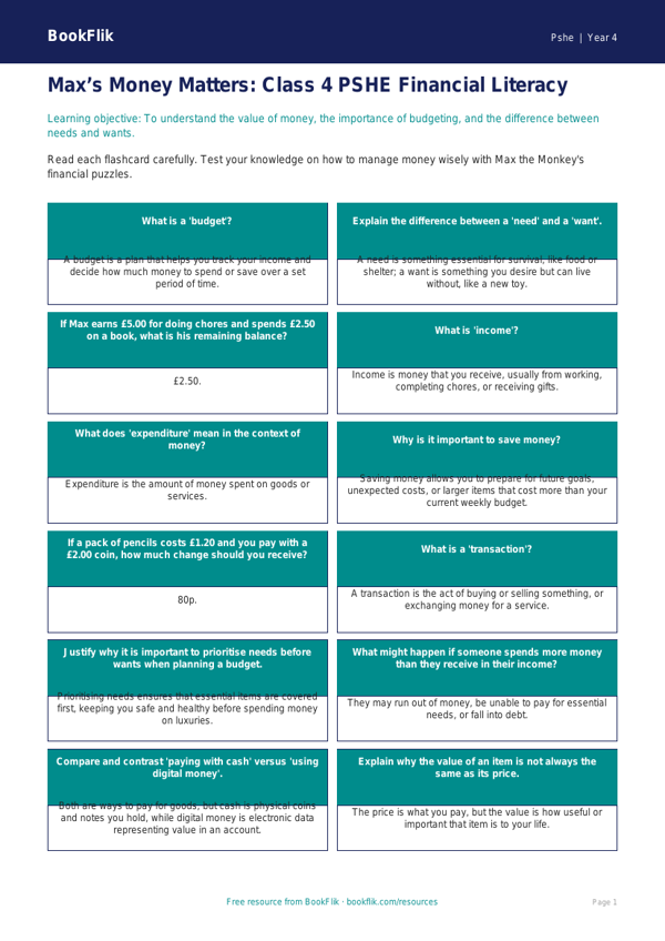 Free Money Flashcards | Class 4 | Life Skills | BookFlik worksheet preview — Pshe Money