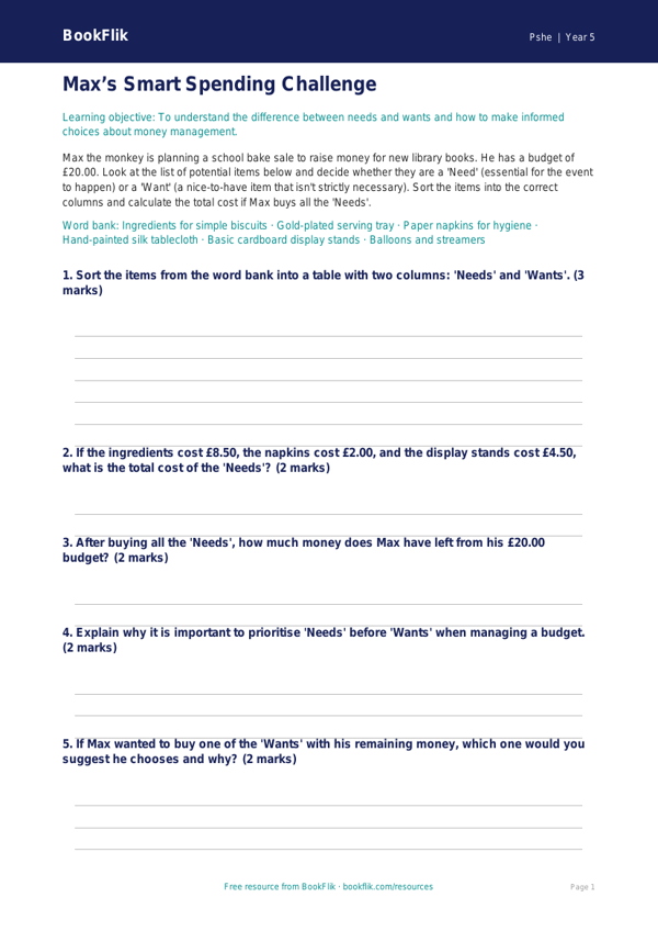 Free Money Activity Sheet | Class 5 | Life Skills | BookFlik worksheet preview — Pshe Money