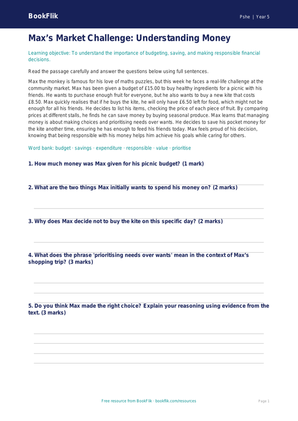 Free Money Comprehension | Class 5 | Life Skills | BookFlik worksheet preview — Pshe Money