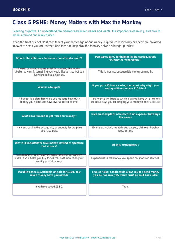 Money Flashcards for Class 5 CBSE | Life Skills Maths | BookFlik worksheet preview — Pshe Money