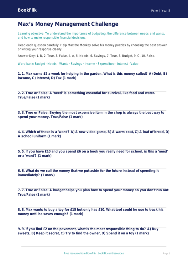 Free Money Quiz | Class 5 | Life Skills | BookFlik worksheet preview — Pshe Money