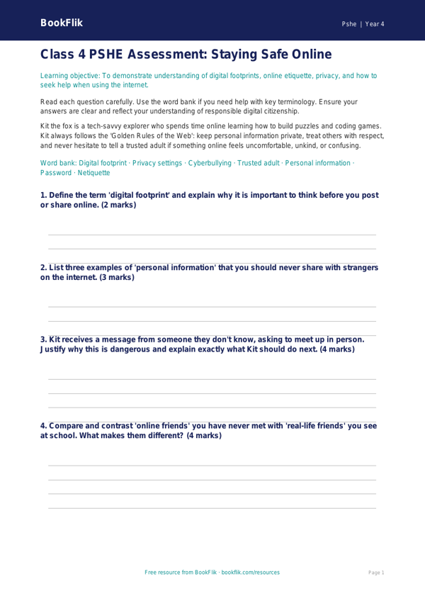 Online Safety Assessment for Class 4 | CBSE Life Skills | BookFlik worksheet preview — Pshe Online Safety