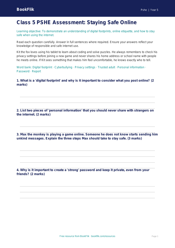 Online Safety Assessment for Class 5 | CBSE Life Skills Worksheet worksheet preview — Pshe Online Safety