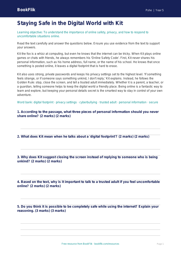 Online Safety Comprehension Worksheet | Class 5 | Life Skills | BookFlik worksheet preview — Pshe Online Safety